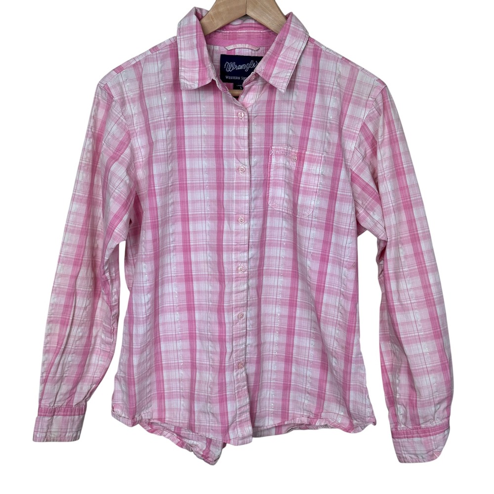 Wrangler Women Breast Cancer‎ Awareness Pink Plaid Long Sleeve Button Up Shirt L